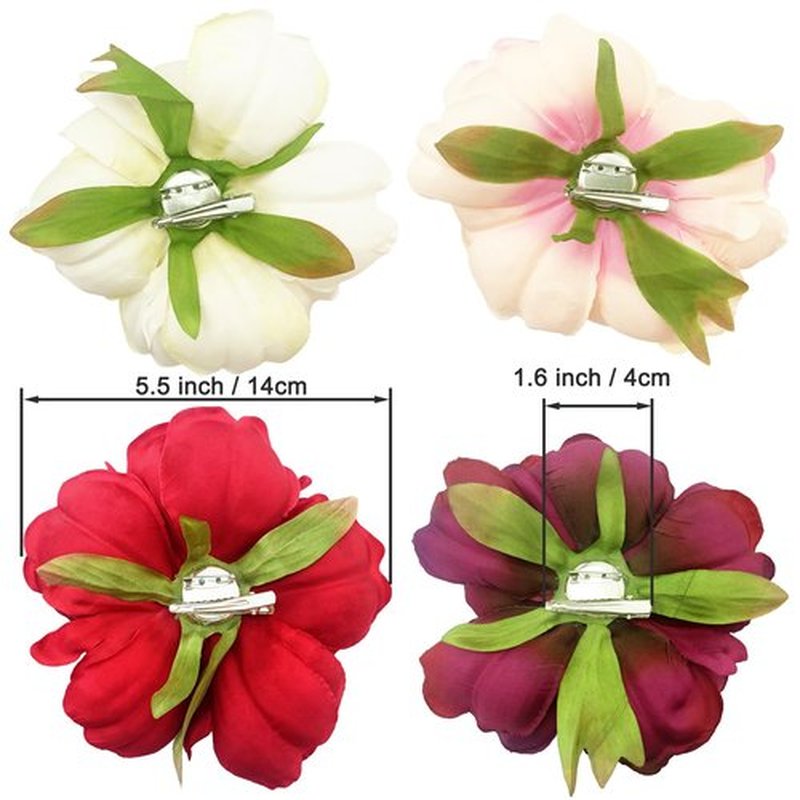 PRETTYLIFE Peony Flower Hair Clips for Women, 4 Pieces Large Floral Alligator Hair Barrette Accessories Brooch 5.5" for Wedding Bride Dancer Party (Red Style)