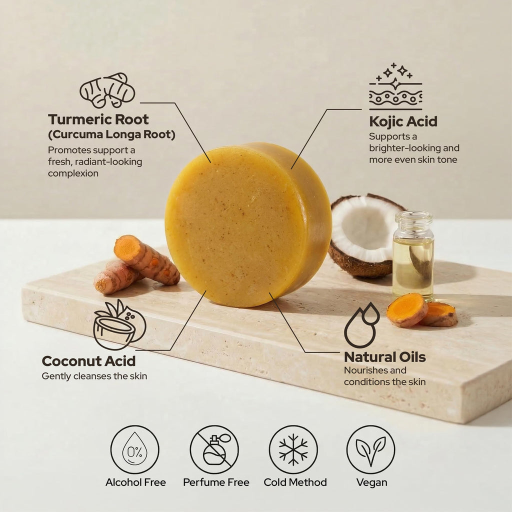 Black Shine BS Kojic and turmeric soap bar for face and body with glycerin, coconut acid, and turmeric root. Cleanses with a rich lather and leaves skin feeling soft, fresh, and comfortably clean.