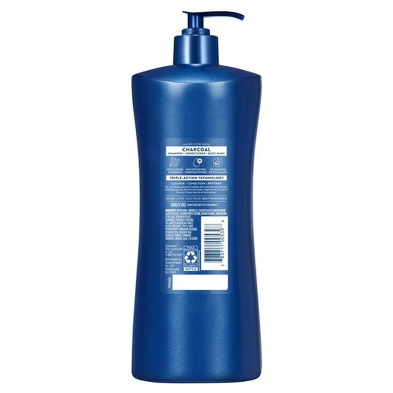 Suave Men Deep Cleansing 3 in 1 Shampoo, Conditioner & Body Wash with Charcoal Powder, Detoxifies & Cleanses Hair & Skin, Removes Oil & Impurities, 4 Count, 28 FL OZ Pump