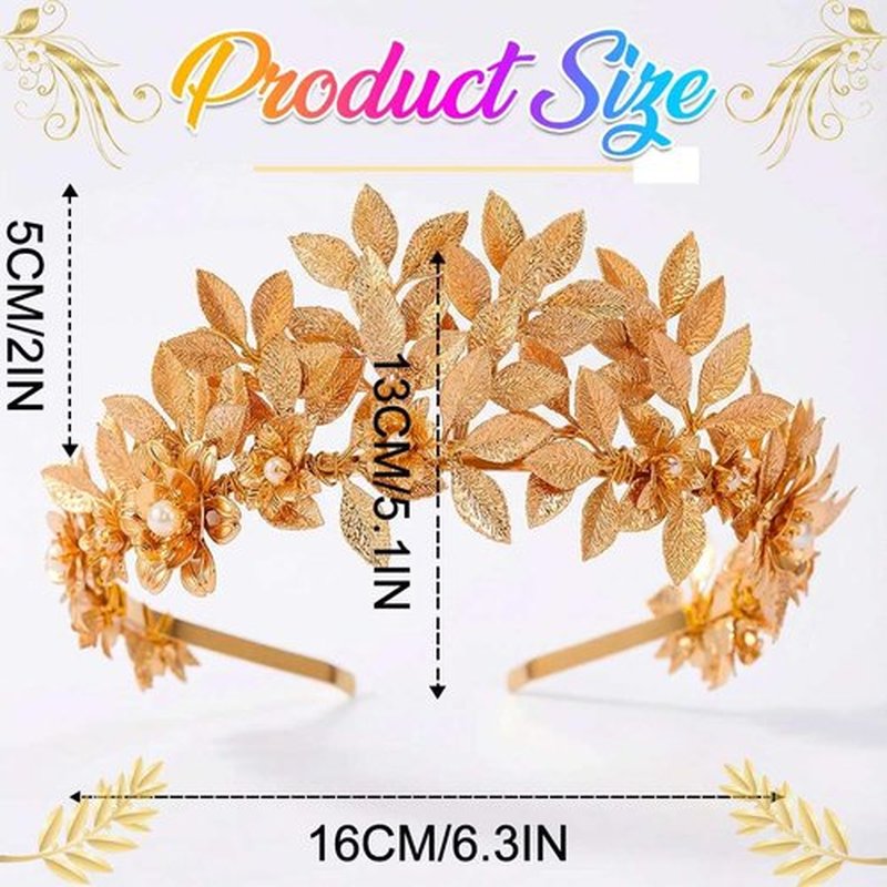 Brishow Gold Leaf Tiara Headband, Greek Goddess Laurel Crown Headpiece with Pearl Flowers for Women