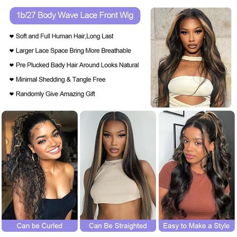 Aveiyce 13x6 1b/27 Highlight Ombre Balayage Lace Front Wigs Human Hair Black and Blonde Body Wave HD Transparent Lace Frontal Wig Pre Plucked with Baby Hair for Black Women 180% Density Wig 20 Inch