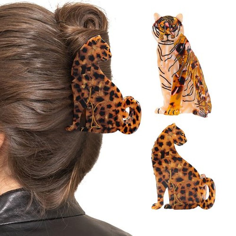 PERSONFUN Leopard Hair Claw Clip, Tortoise Shell Pattern, Acetate Material with Shark Tooth Grip Animal Hair Accessory for Women Girls Gift, 2.36 x 3.66 Inches
