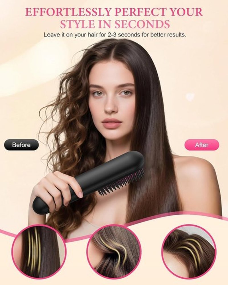 Cordless Hair Straightening Brush, Portable Straightening Brush for Travel，Plasma Fast Heating Mini Thermal Hair Straightening Comb with LCD Display, Ceramic Coated Anti-Hot, Black
