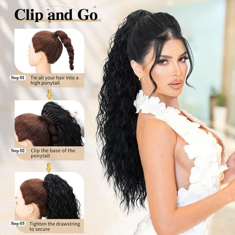 CHRSHN Claw Clip Ponytail Extension Long Black Curly Drawstring Clip in Pony Tails Hair Extensions 26 Inch Synthetic Layered Fluffy Hairpieces for Women