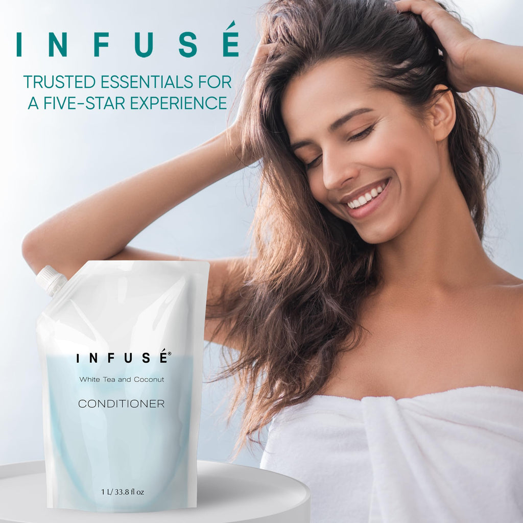 INFUSÉ 1 Liter Conditioner Refill Bag For Soap Dispensers | Bulk Toiletries for Vacation Rentals, and Home Bathroom Showers | White Tea and Coconut | Single