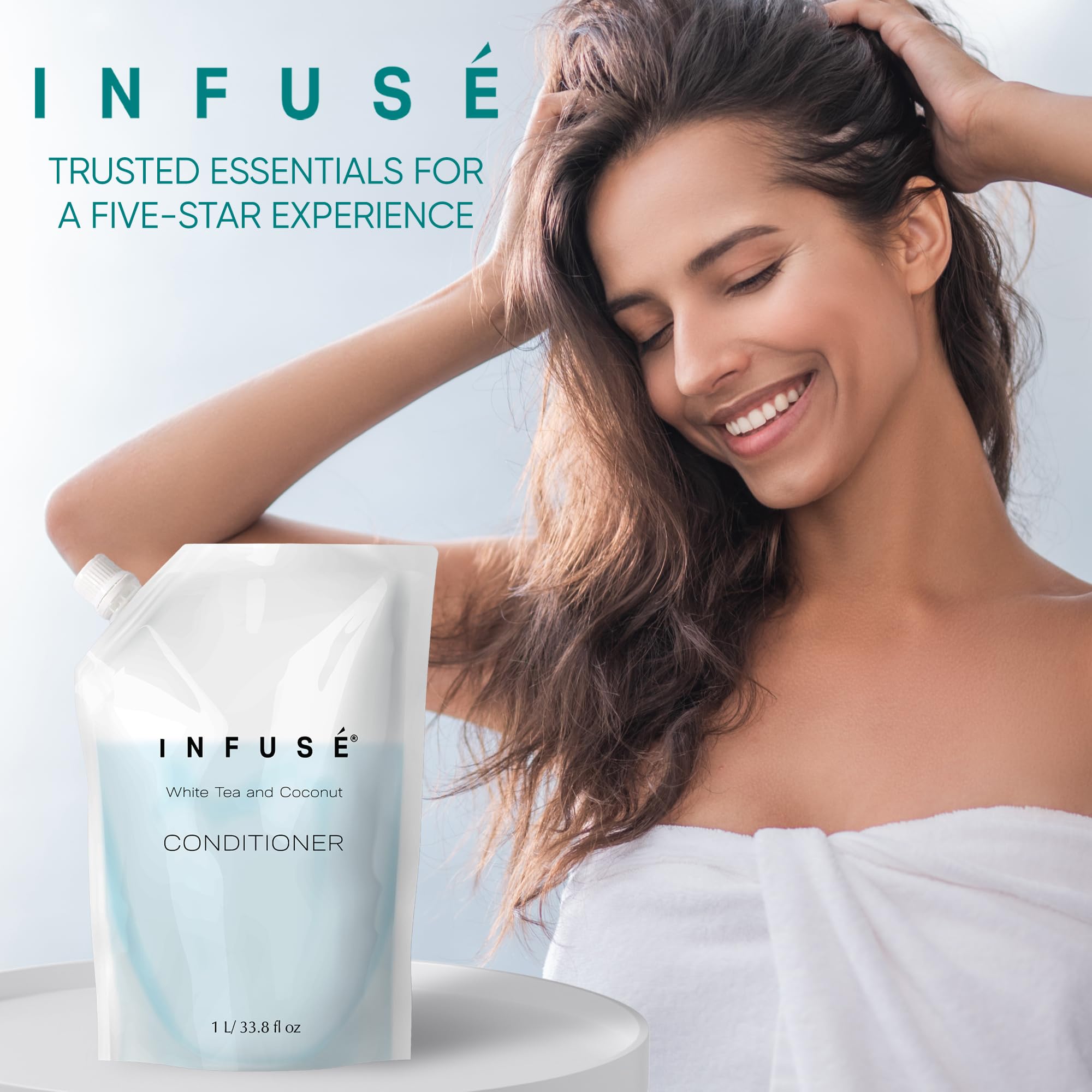 INFUSÉ 1 Liter Conditioner Refill Bag For Soap Dispensers | Bulk Toiletries for Vacation Rentals, and Home Bathroom Showers | White Tea and Coconut | Single