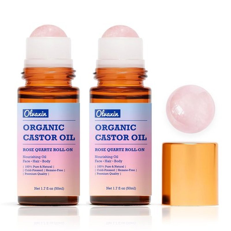 Olvaxin Organic Castor Oil Roll-On with Rose Quartz - 2 Pack x 1.7 fl oz(50mL) | Brown Glass Bottle, Cold Pressed, Hexane Free, Unrefined | Nourishing Oil for Face, Hair and Body