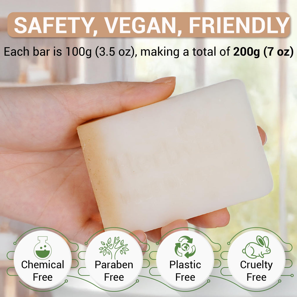 Herbvian 2 Pcs Vietnamese Rice Water Soap Bar for Face Body with Oatmeal Powder, 100% Natural Rice Milk, Gentle Moisturizing Skin Clenaser, Handmade, Soft Long Lasting