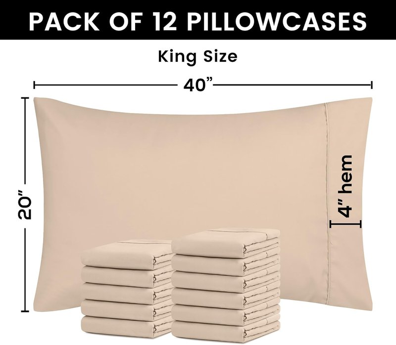Utopia Bedding King Pillow Cases - 12 Pack Soft Brushed Microfiber - Fade Resistant 20 X 40 Inches | Beige