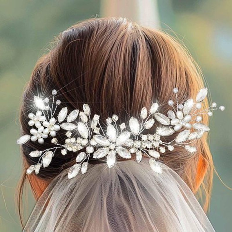 Lorealri Rhinestone Bridal Hair Combs Set - 3PCS Wedding Flower Crystal Pearl Hair Pins & Comb, Sparkling Elegant Accessories for Bride Bridesmaids Prom Formal Events