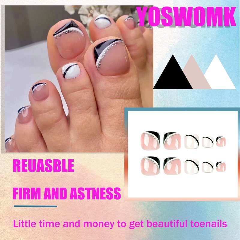 YOSOMK Press on Toenails Square Toe Nails Tips Glitter Silver Full Cover Glue on Toe Nails Nude Black and White Line Toe Nails Fake Nails Glossy Acrylic Summer False Toe Static Nails for Women 24Pcs