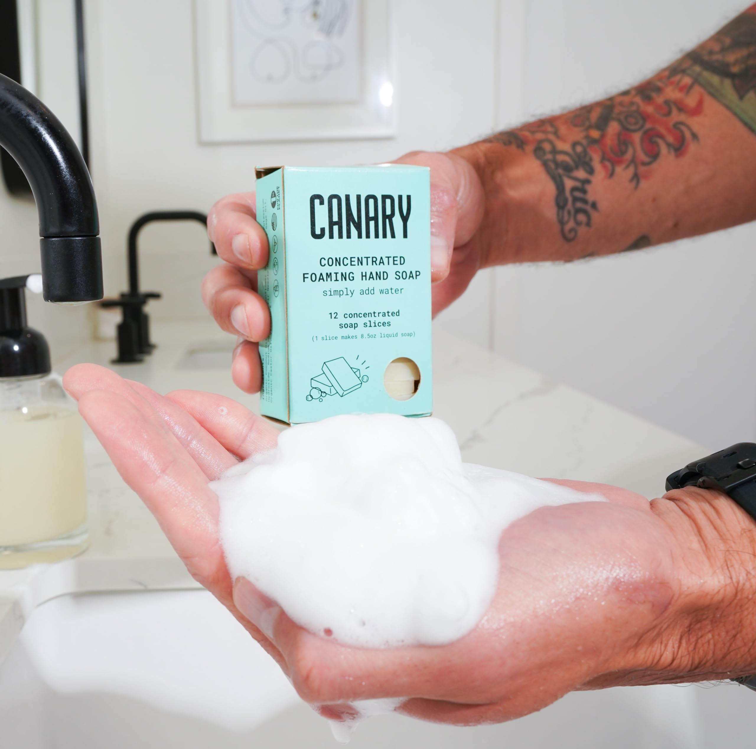 Canary Organic Hand Soap Kit (1 Glass Bottle, Reusable Foaming Pump, 14 Soap Slices) Moisturizing, Non Toxic Hand Soap Wash with Coconut Oil | All Natural, Zero Waste | Fir & Sage
