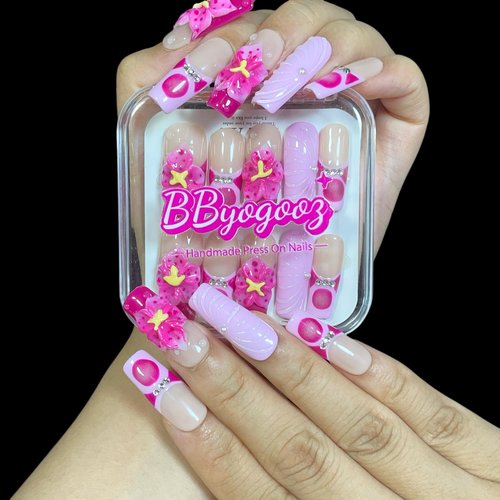 Handmade Press On Nails, Medium Long Square, 3D Floral Design, Nude Base with Rose Red Flowers, Rhinestone Accents, Reusable Acrylic False Nails (Duo Blossom, L)