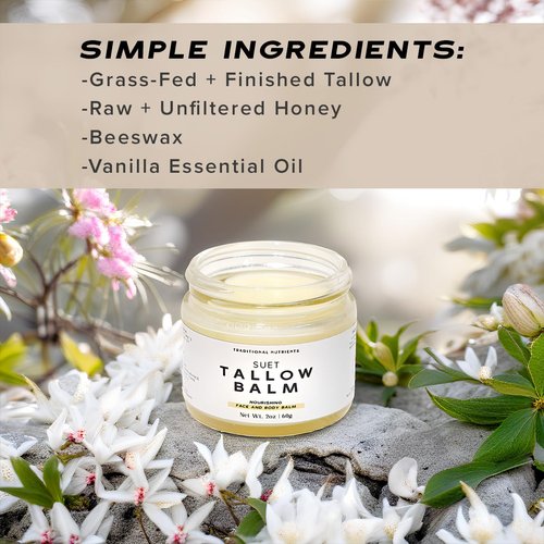 TRADITIONAL NUTRIENTS Tallow Balm - Vanilla Bean Scented, made with Honey and Beeswax - Grass Fed Beef Tallow Balm - Made from Suet Tallow