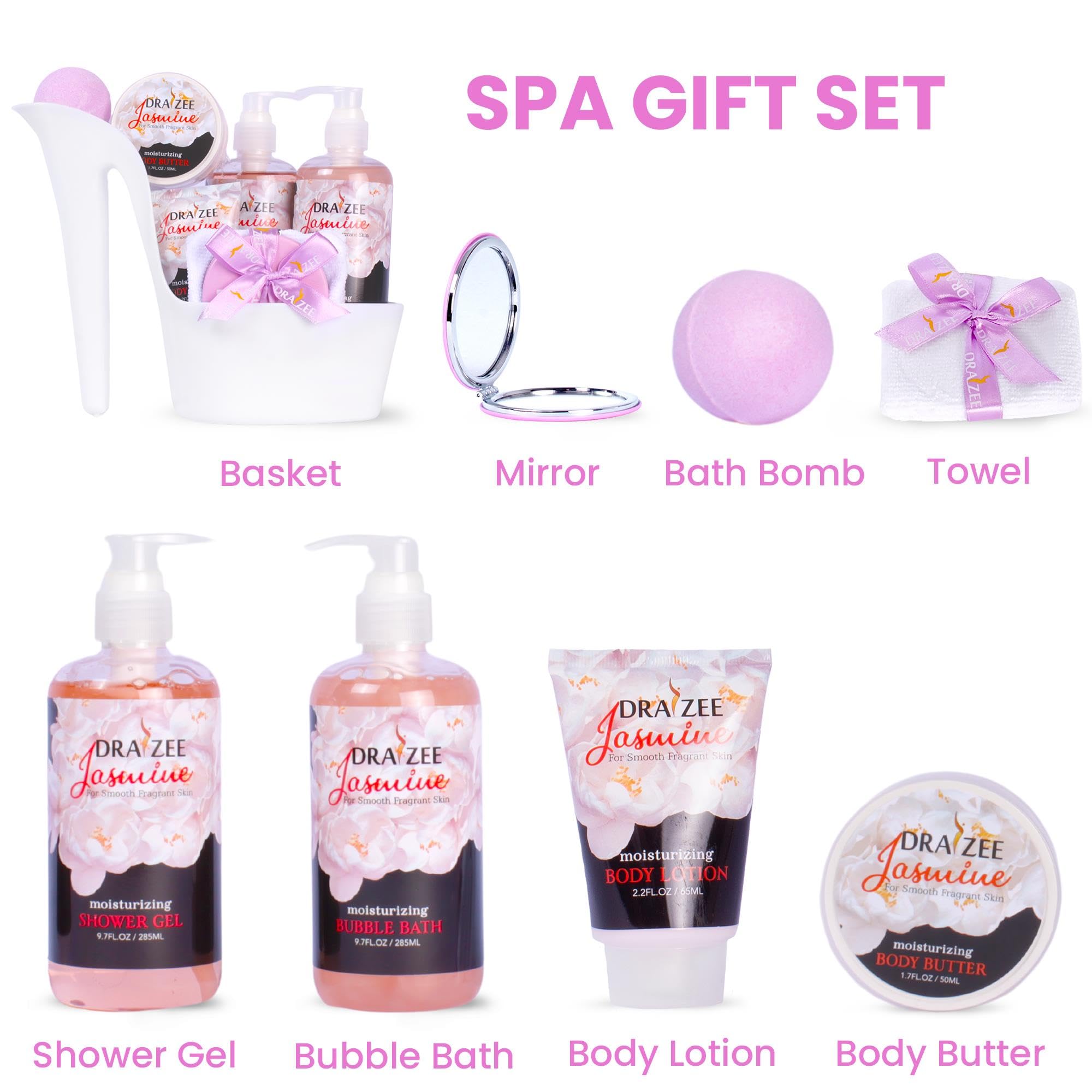 Mother’s Day Gift Baskets for Women, 8 Pc Jasmine Scented Spa Gift Set, Heel Shoe Bath Basket, Luxury Bath and Body Set, Self Care Kit for Mom, Home Spa Gift for Her by Draizee