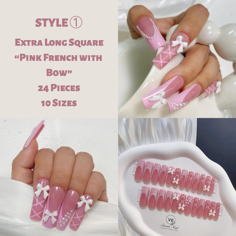 VESWEET Extra Long Square Press on Nails – 4 Boxes Fake Nail Set with 3D Designs | False Nail Tips for Women | Glue on Nail Art Kit | Gift for Her