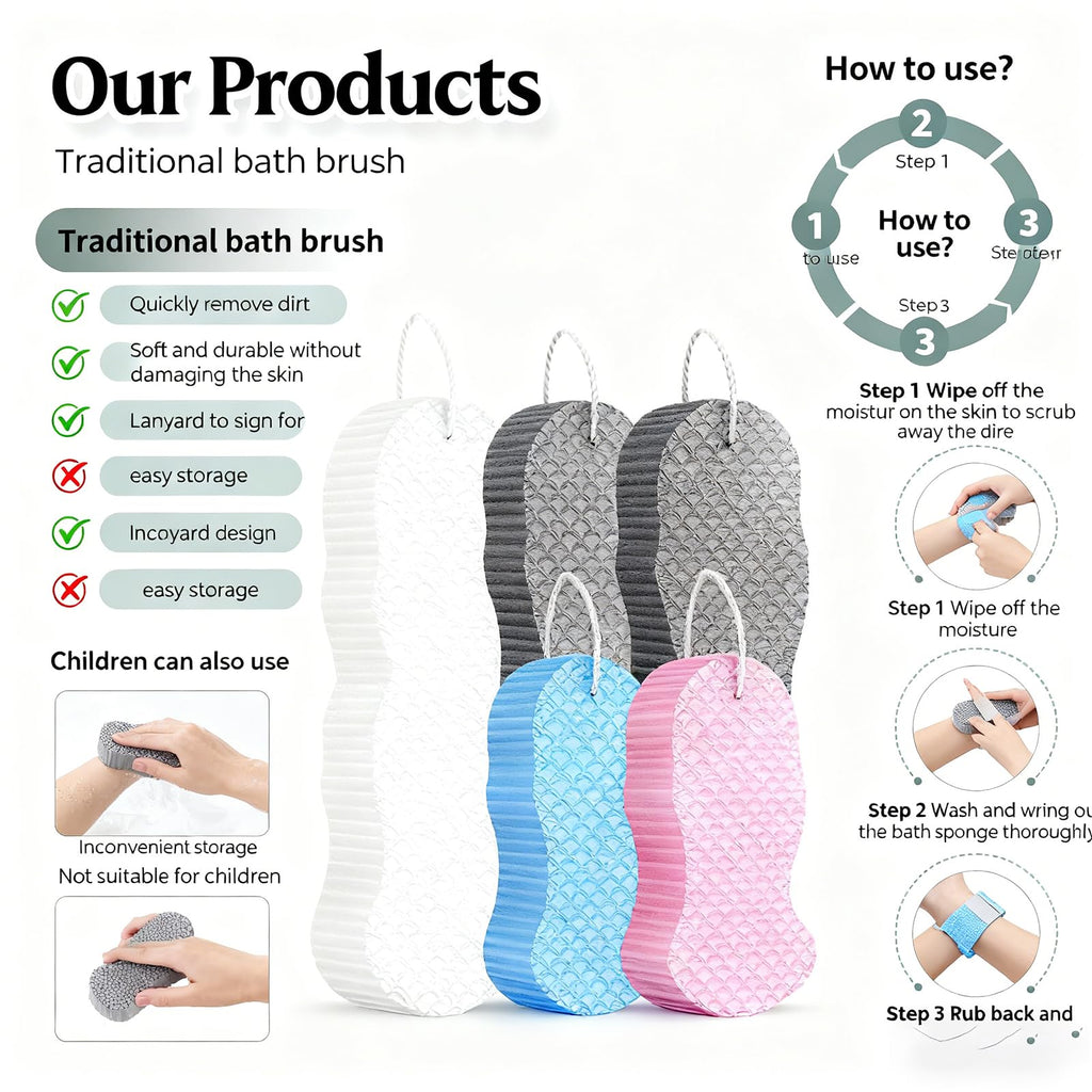 Magic Exfoliating Bath Sponge, 3D Super Soft Exfoliate Body Scrubber, Reusable Handheld Shower Brush Remover Dead Skin for Adults Women Men Cleansing Skin No Silicone Net Sponge (Grey)
