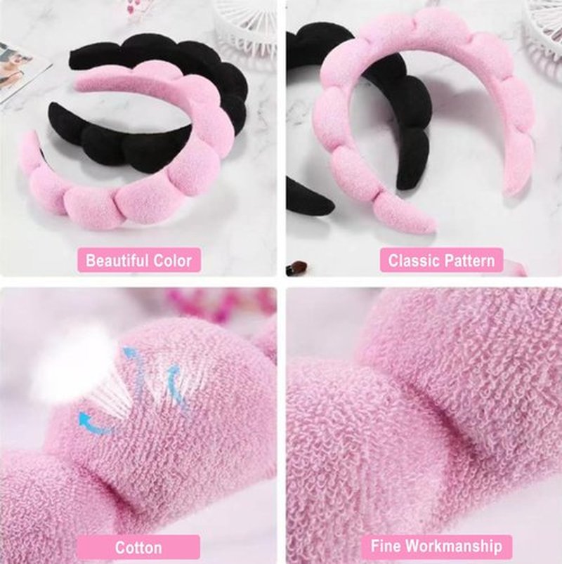 HKOVNE Spa Headband and Wristband Set for Women,Terry Cloth Sponge Headband for Washing Face,Makeup,Facial Mask and Skincare (Black,Pink, One Size)