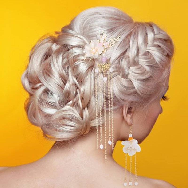 HINZIC 5Pcs Flowers Tassel Hair Pins Set, Crystal Rhinestone Pearl Hair Stick, Chinese Hanfu Traditional Wedding Classical Hair Accessories Earrings Set for Women Girls Updo Long Hair