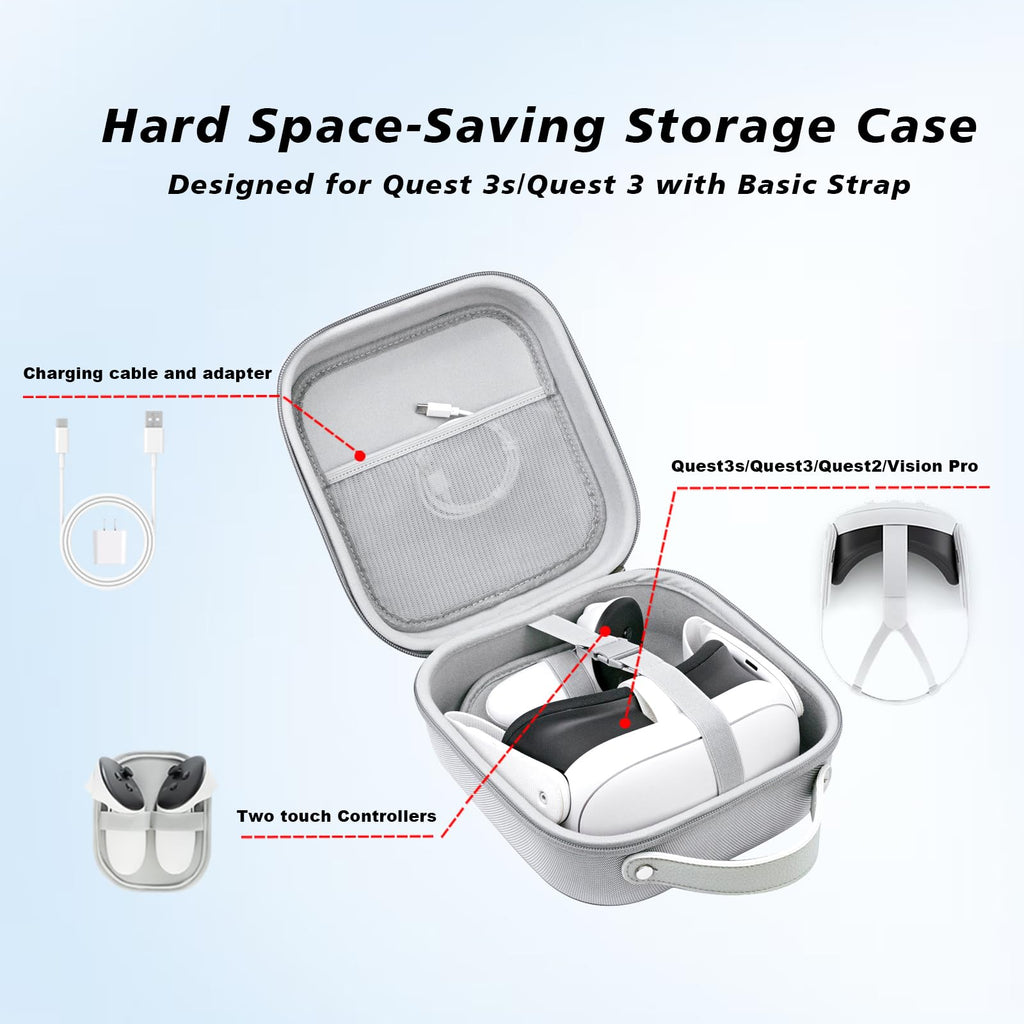 Krypthos Hard Carrying Case Compatible with Meta Quest 3S/Quest 3/Quest 2/Vision Pro, Portable VR Gaming Headset and Touch Controllers Case with Lens Protector, Suit for Travel and Home Storage-Gray