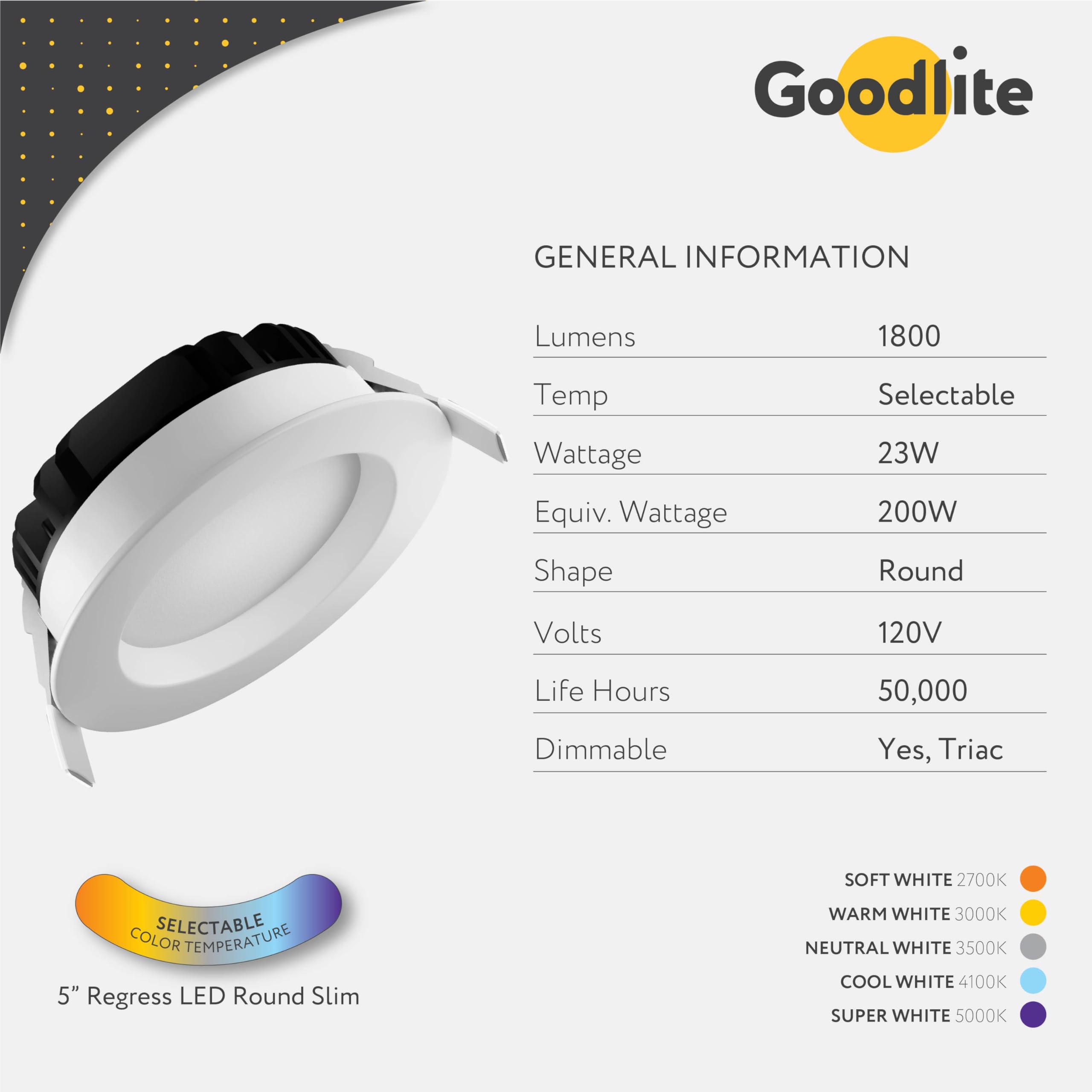 Goodlite 5" White LED Regress Round Slim - Recessed Downlight, 23W, 1800 Lumens, Dimmable, 5CCT 27K-30K-35K-41K-50K, 120 Volts, CRI 90, ETL & Wet Rated, 50k Hr Life, 1ct. (G-20242)