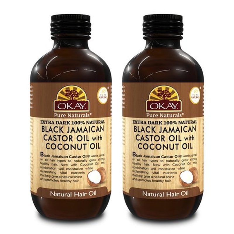 Okay Pure Naturals 100% Pure Black Jamaican Castor Oil with Coconut Oil - Castor Oil for Hair Growth for Men & Women, Moisture for Skin, Scalp, Eyelashes, Eyebrows - 4 oz Glass Bottle (2 Pack)