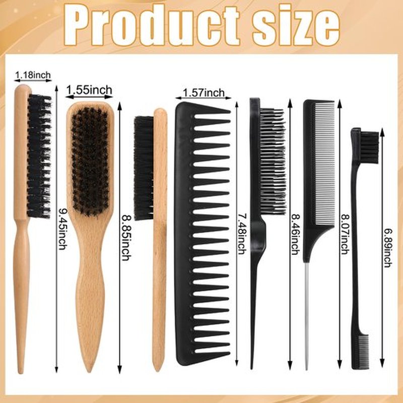 6PCS Boar Bristle Slick Back Hair Brush with Edge Brush Rat Tail Comb, Wide Tooth Comb for Men Women