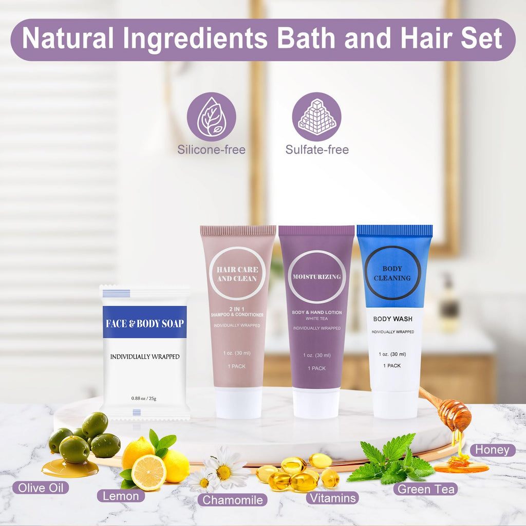 Travel Size Toiletries Set Bulk, Individually Wrapped 1 oz Mini Body Lotion Shampoo & Conditioner Body Wash 0.88 oz Bars Soap Toiletry Kit Guest Amenities for Hotel/Shelter/Homeless/Charity (40 Pack)