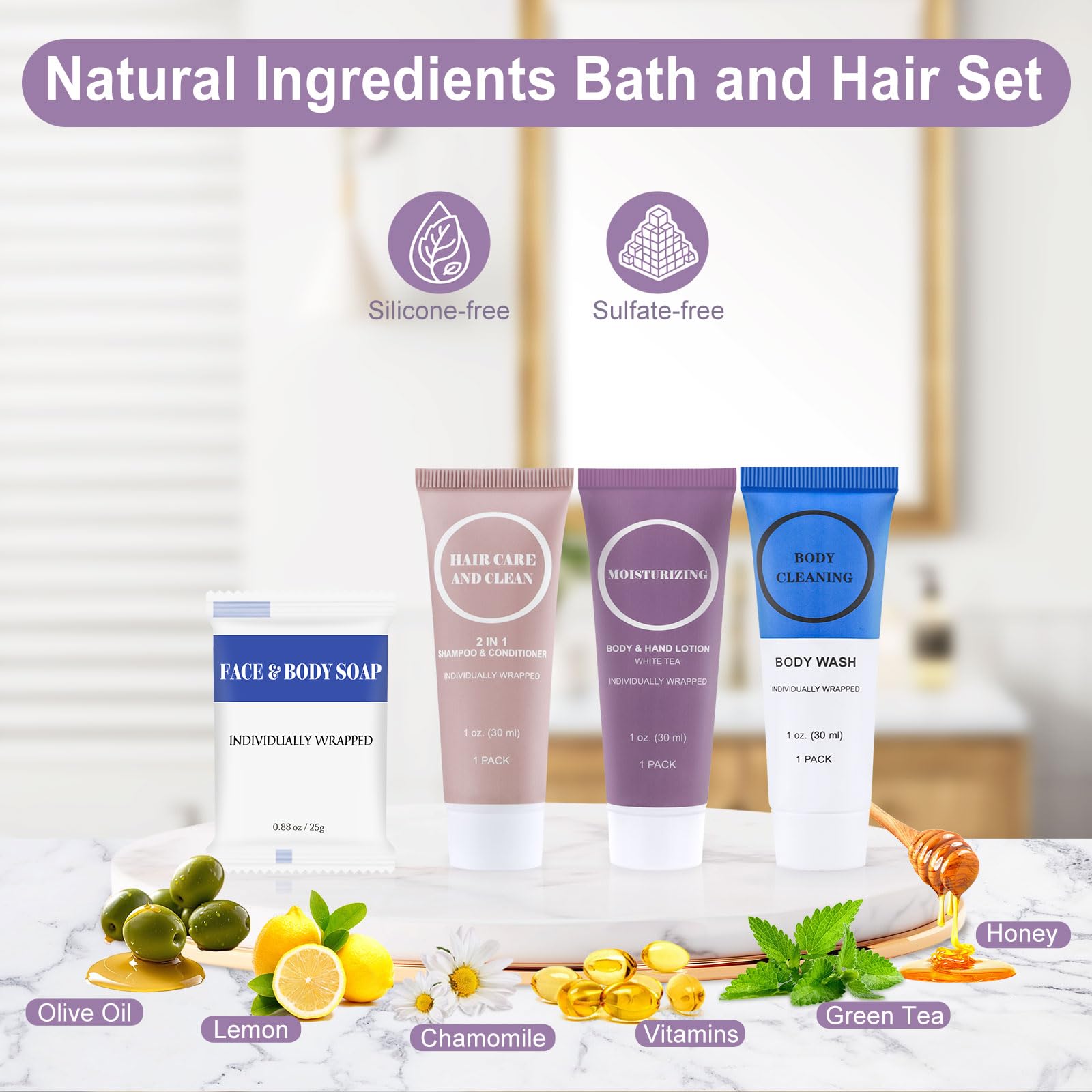 Travel Size Toiletries Set Bulk, Individually Wrapped 1 oz Mini Body Lotion Shampoo & Conditioner Body Wash 0.88 oz Bars Soap Toiletry Kit Guest Amenities for Hotel/Shelter/Homeless/Charity (40 Pack)