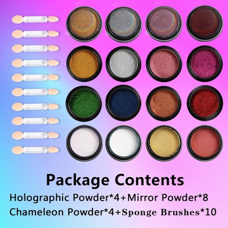 16 Colors Chrome Nail Powder Set, Metallic Mirror Effect Holographic Aurora Chameleon Pigment Glitter for Gel Polish Manicure Nail Art Decorations
