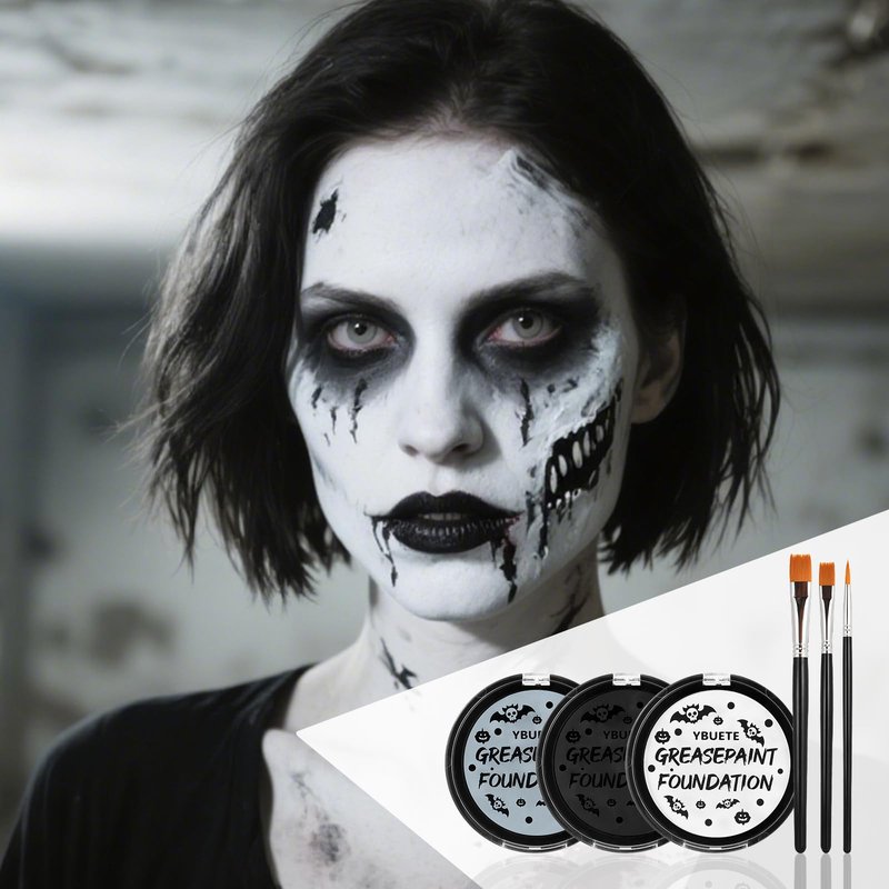 YBUETE Black White Grey Oil Based Face Paint Kit with Painting Brushes, Professional Full Coverage Greasepaint Halloween Face Painting Kit for Adult Cosplay Skeleton Monster Carnival Makeup