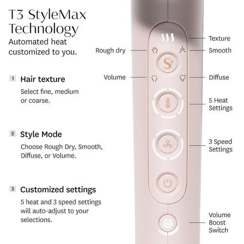 T3 Featherweight StyleMax Hair Dryer - Professional Ionic Technology, Fast Drying, 4 Attachments, Lightweight