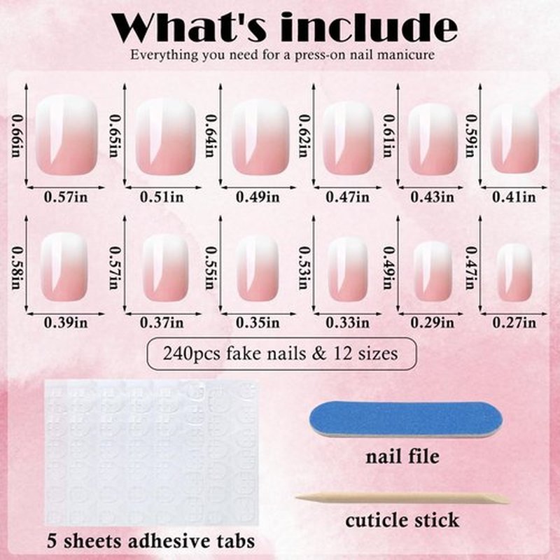 AddFavor 120pcs Ombre Press on Nails Short Square - Pink White Gradient Fake Nails Press ons Square Stick on Nails for Women