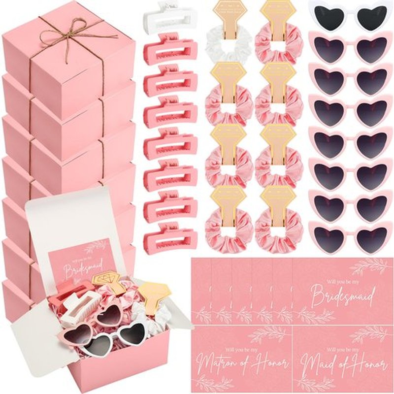 Geiserailie 40 Pcs 8 Set Bridesmaid Proposal Gifts Will You Be My Bridesmaid 4.1in Square Hair Claws Heart Sunglasses(Pink)