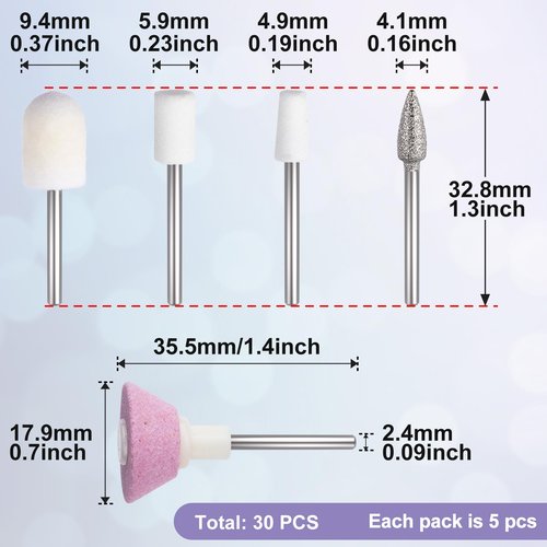 ANCIRS 30 Pcs Nail File Replacement Head Refills Set, Nail Drill Bits for Finishing Salon Electronic Manicure, Nail Manicure Pedicure Tools (5 Styles)