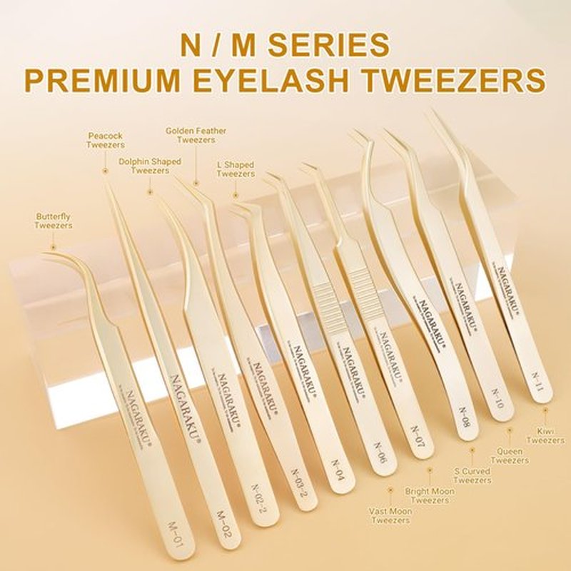 NAGARAKU Professional Eyelash Extension Tweezers, Precision Tip Stainless Steel Gold Lash Tool Curved Angled for Individual & Volume for Salon & Personal Use, Super Light Weight Easy Fanning (N-06)