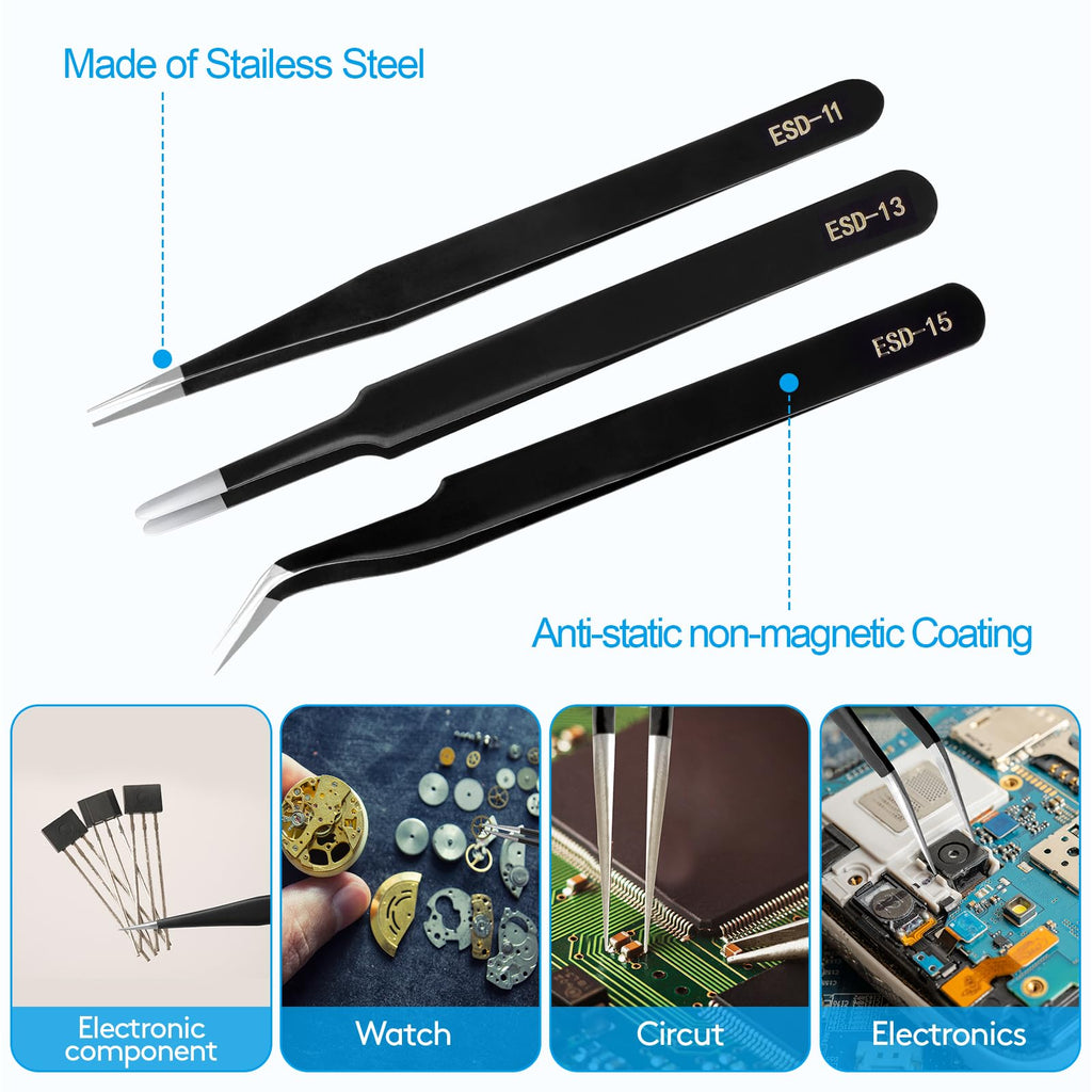 YHYZ 3PCS Precision Tweezers Set, Premium Stainless Steel Anti-Static ESD Tweezes, Suitable for Tweezers, for Craft, Electronic, Soldering, Model, Hobby, Jewelry Making Laboratory