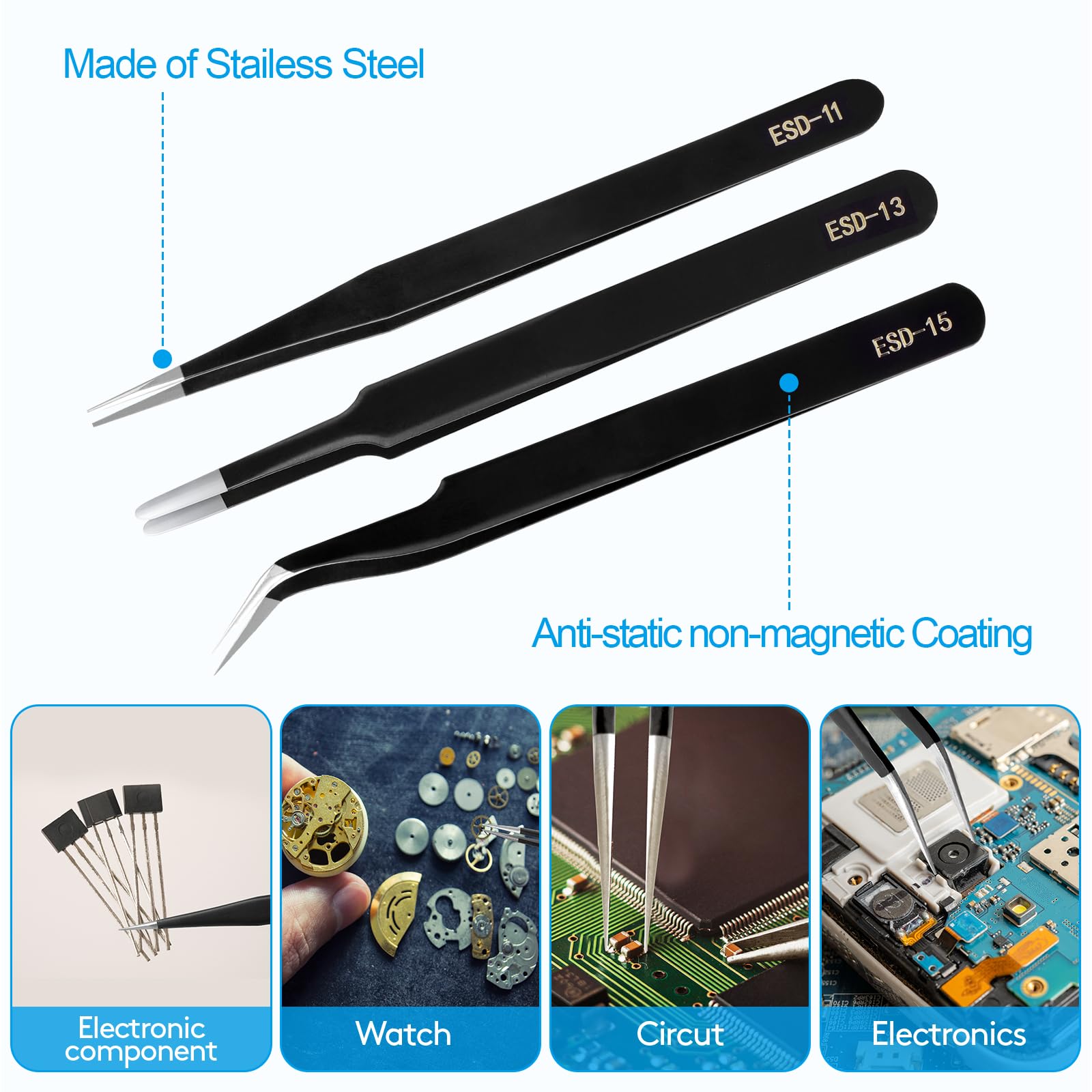 YHYZ 3PCS Precision Tweezers Set, Premium Stainless Steel Anti-Static ESD Tweezes, Suitable for Tweezers, for Craft, Electronic, Soldering, Model, Hobby, Jewelry Making Laboratory