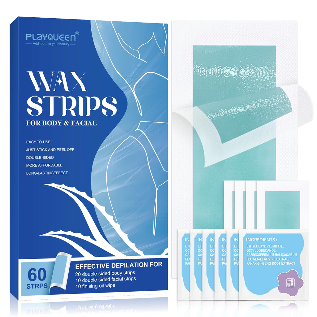PLAYQUEEN Wax Strips Hair Removal Kit, 60 Count for Face & Body, 10 Wipes