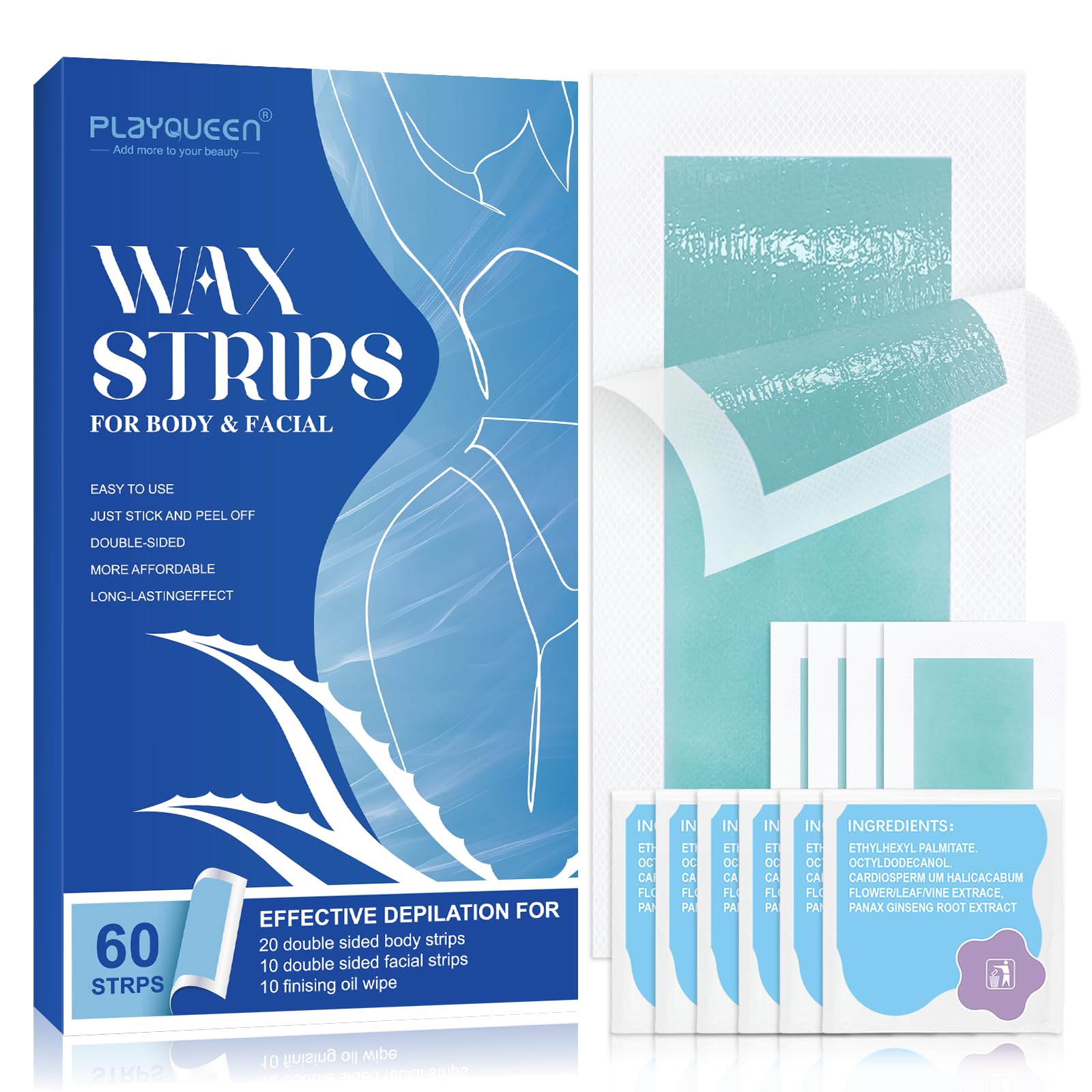 PLAYQUEEN Wax Strips Hair Removal Kit, 60 Count for Face & Body, 10 Wipes