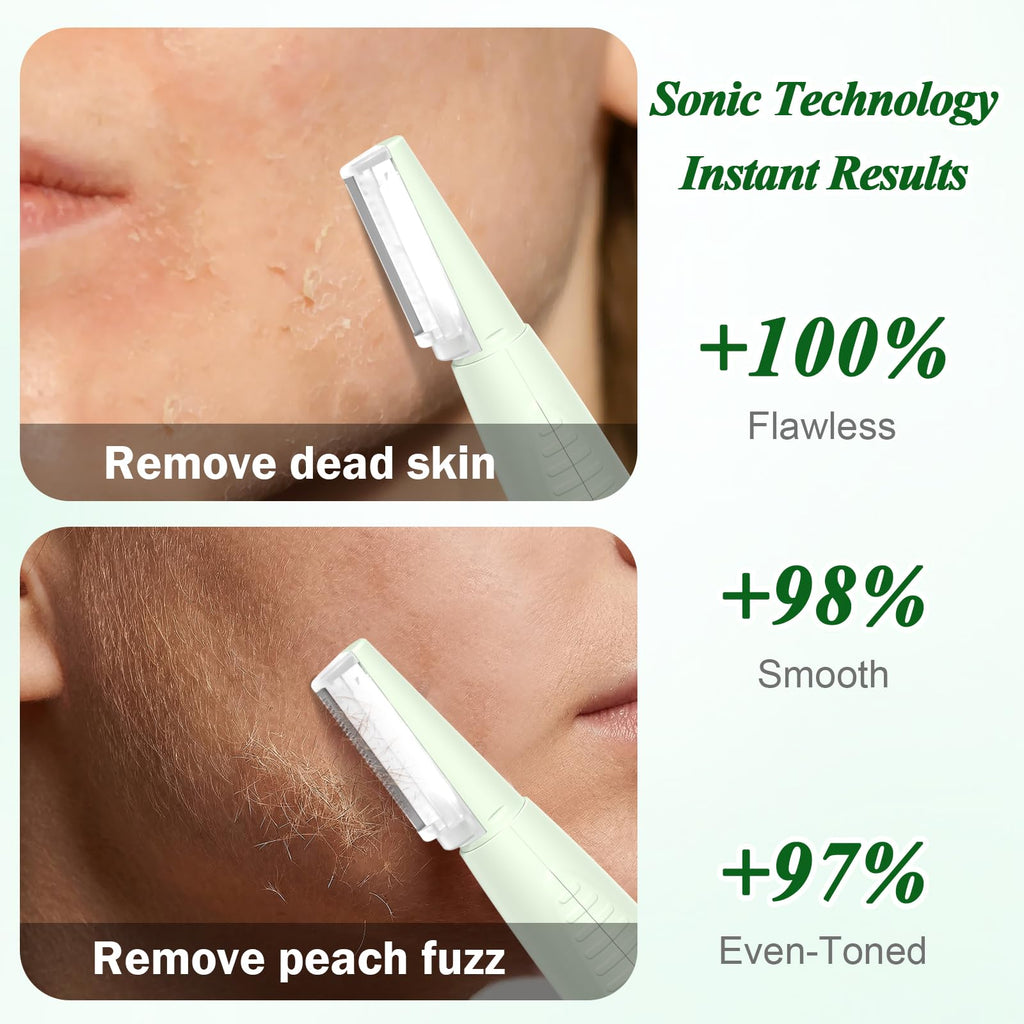 Sonic Dermaplaning Tool, Rechargeable Face Exfoliator with 22,000 Vibrations/Min & 12 Blades (6 Coarse + 6 Fine), Painless Peach Fuzz Removal for Women, Home Facial Hair Razor Systems with LED Light