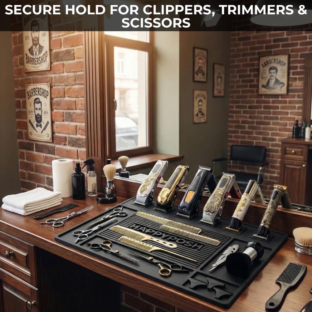 HAPPYPOSH Magnetic Barber Mat for Clippers, 20" x 14" Large Barber Station Organizer with 6 Strong Magnets, Non-Slip Heavy-Duty Rubber Mat, Keeps Tools Secure & Organized.Black