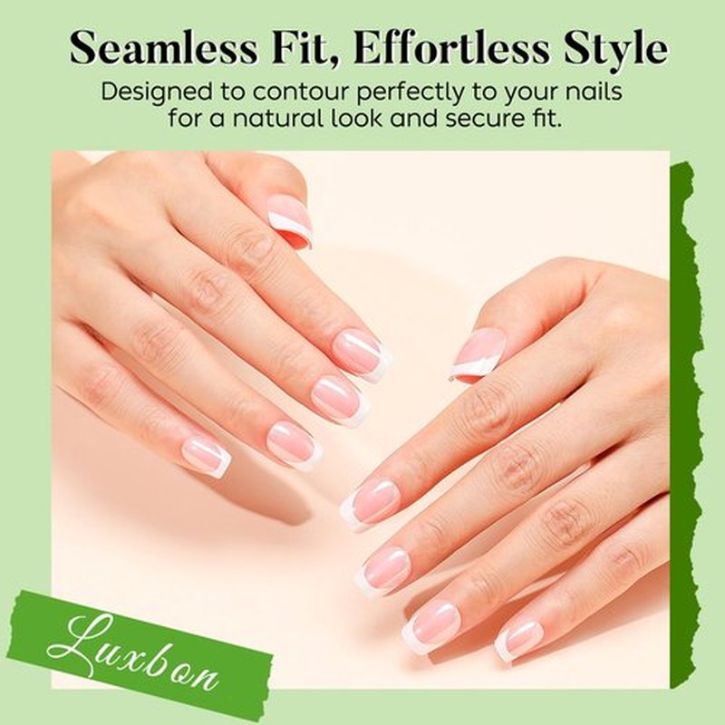 Luxbon Press On Nails Short Square with No-Cure Nail Glue and Tool Kit – French Glue On Nails 25-30pcs Full Size Set, Soft Gel Nail Tips Reusable Fake Nails for Women, Chrome White
