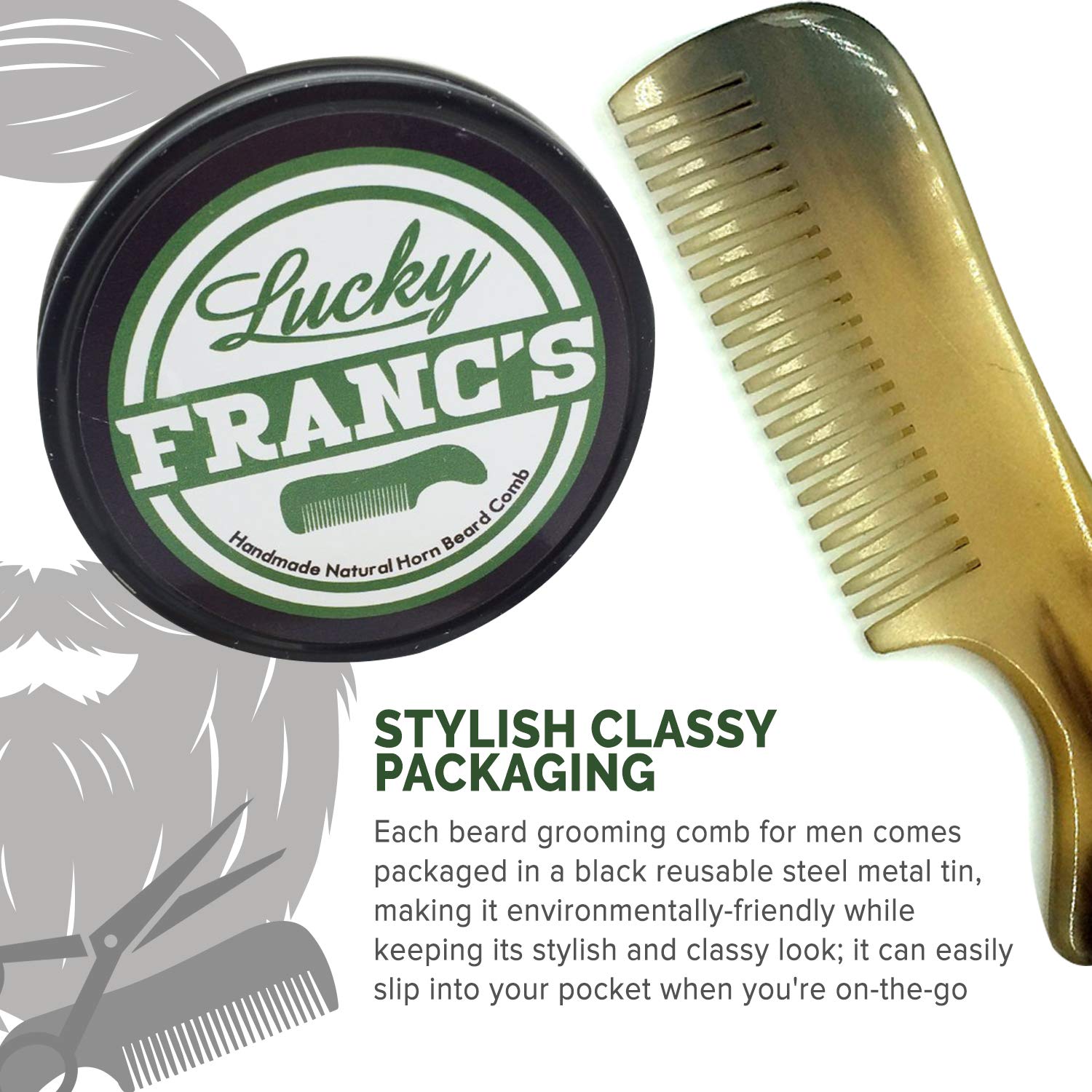 Lucky Franc's Handmade Ox Horn Fine Tooth Comb for Men's Beards and Mustaches - Static-Free, Pocket Size, Metal Tin Gift