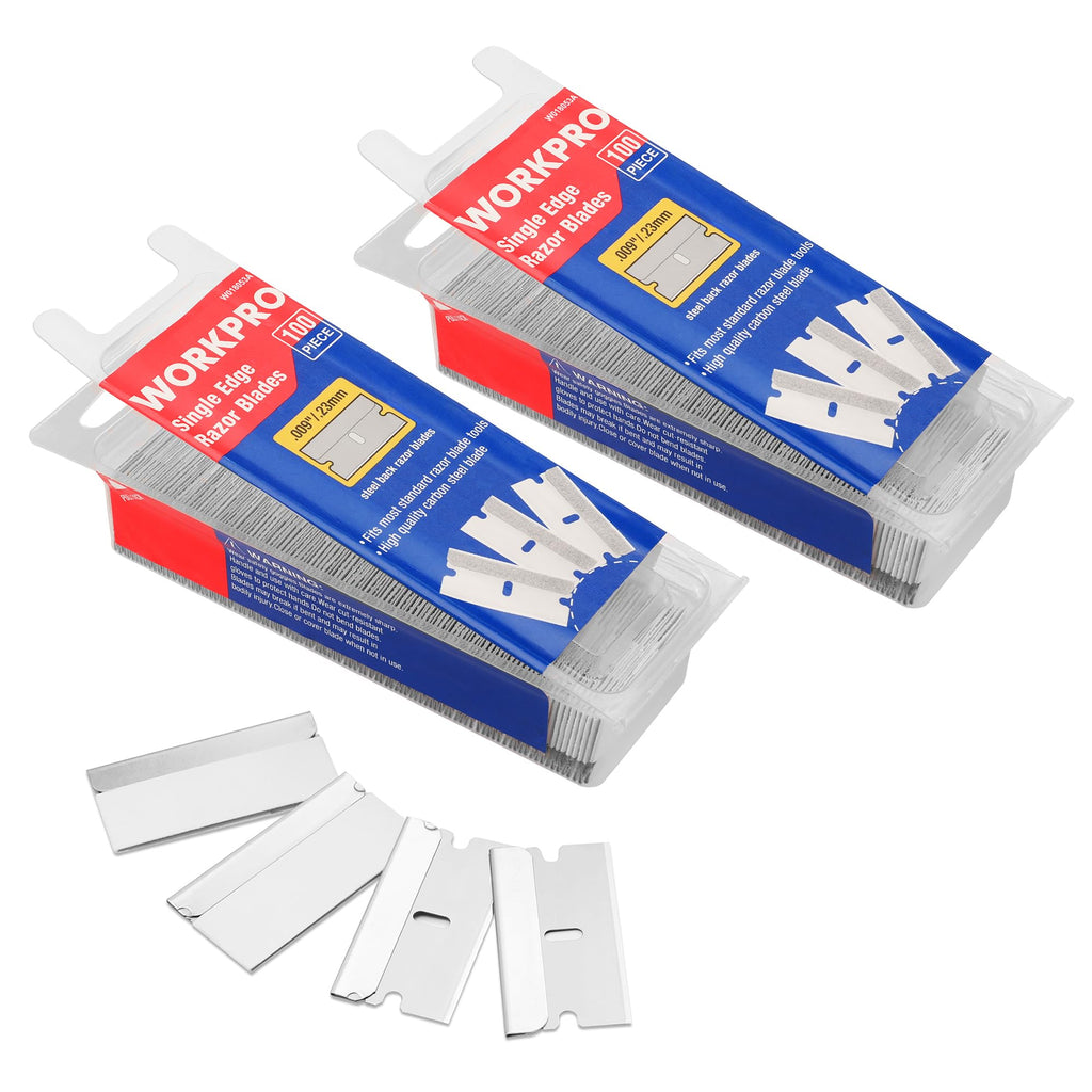 WORKPRO 200-Pack Single Razor Edge Blades, Industrial Scraper Razor Blades, High Carbon Steel One Edge Razor Blades