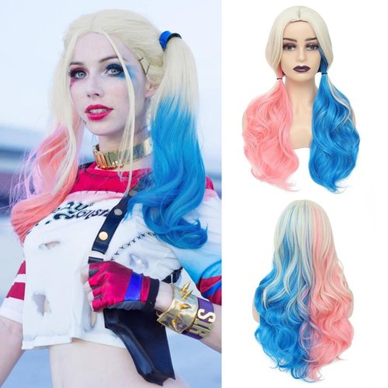 AISI QUEENS Pink and Blue Cosplay Wig - Harley Quinn Wig for Women Halloween Clown Girl Long Curly Synthetic Fiber for Women,Wavy Suicide Squad Style for Party