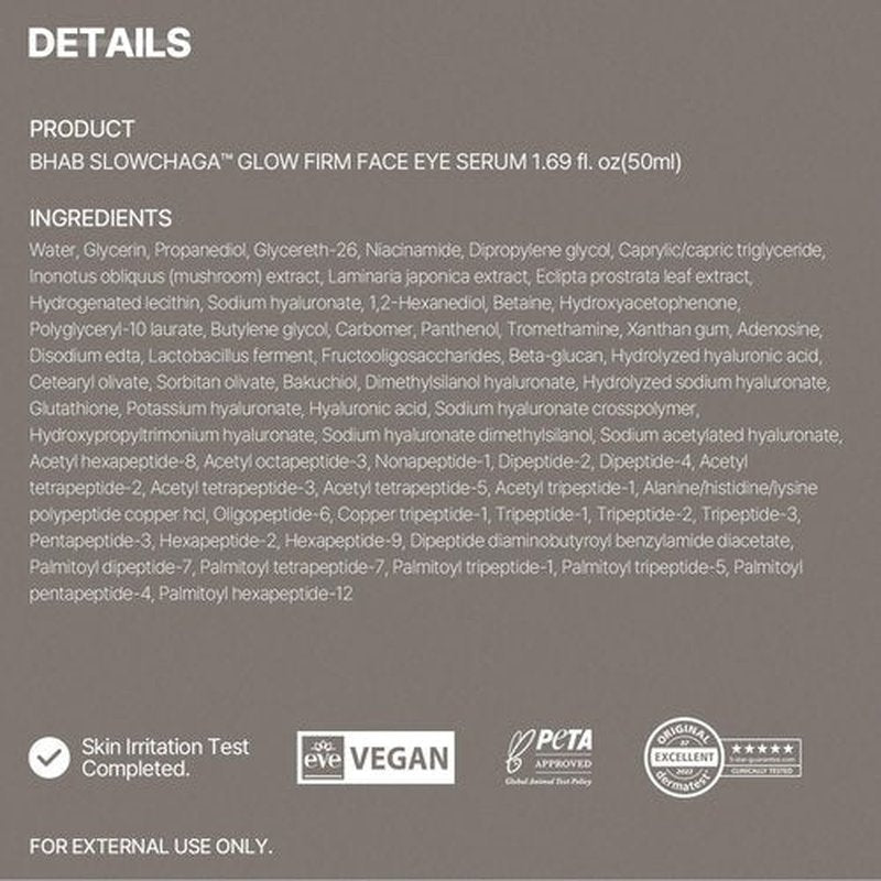 BHAB SLOWCHAGA Glow Firm Face & Eye Serum with Niacinamide, Peptides & Glutathione - Lifting, Firming, Glass Skin Glow, Deep Hydration & Barrier Support Korean Skincare 1.69 fl oz (50ml)
