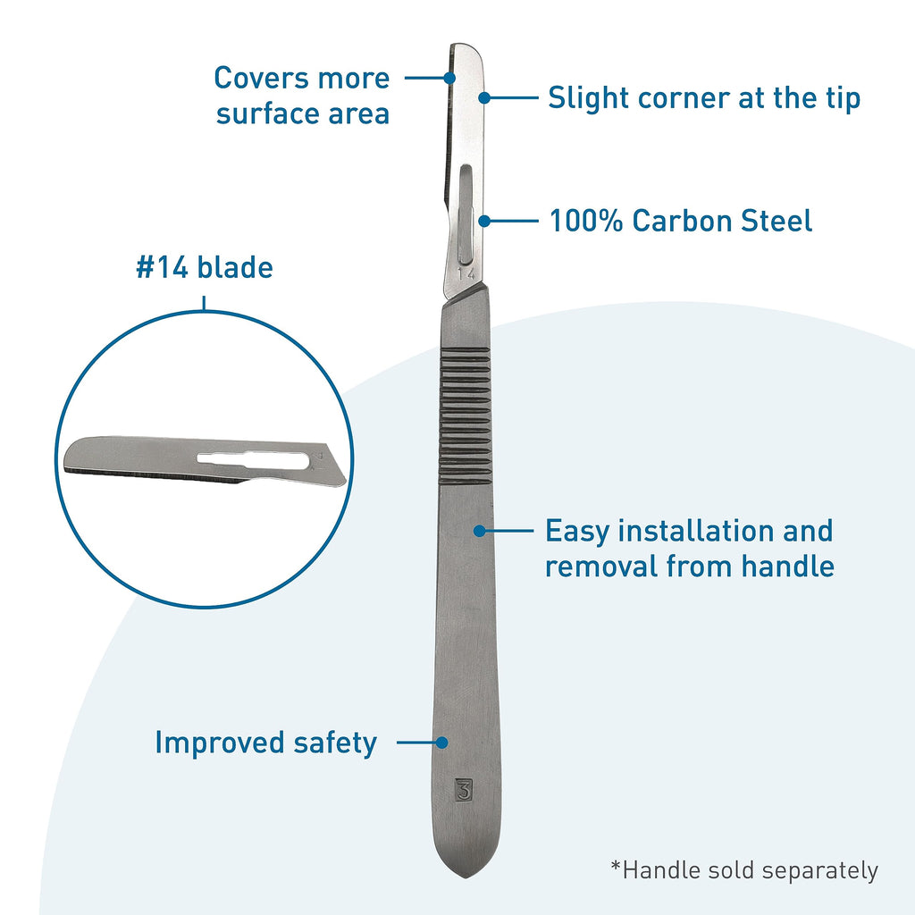 BodyMed Dermaplaning Blades #14 in Carbon Steel, 100 PCS - Disposable, Individually wrapped, Sterile Scalpel Blades for Estheticians, Facial Exfoliation, Hair Removal, Skin Care, Surgical & Podiatry