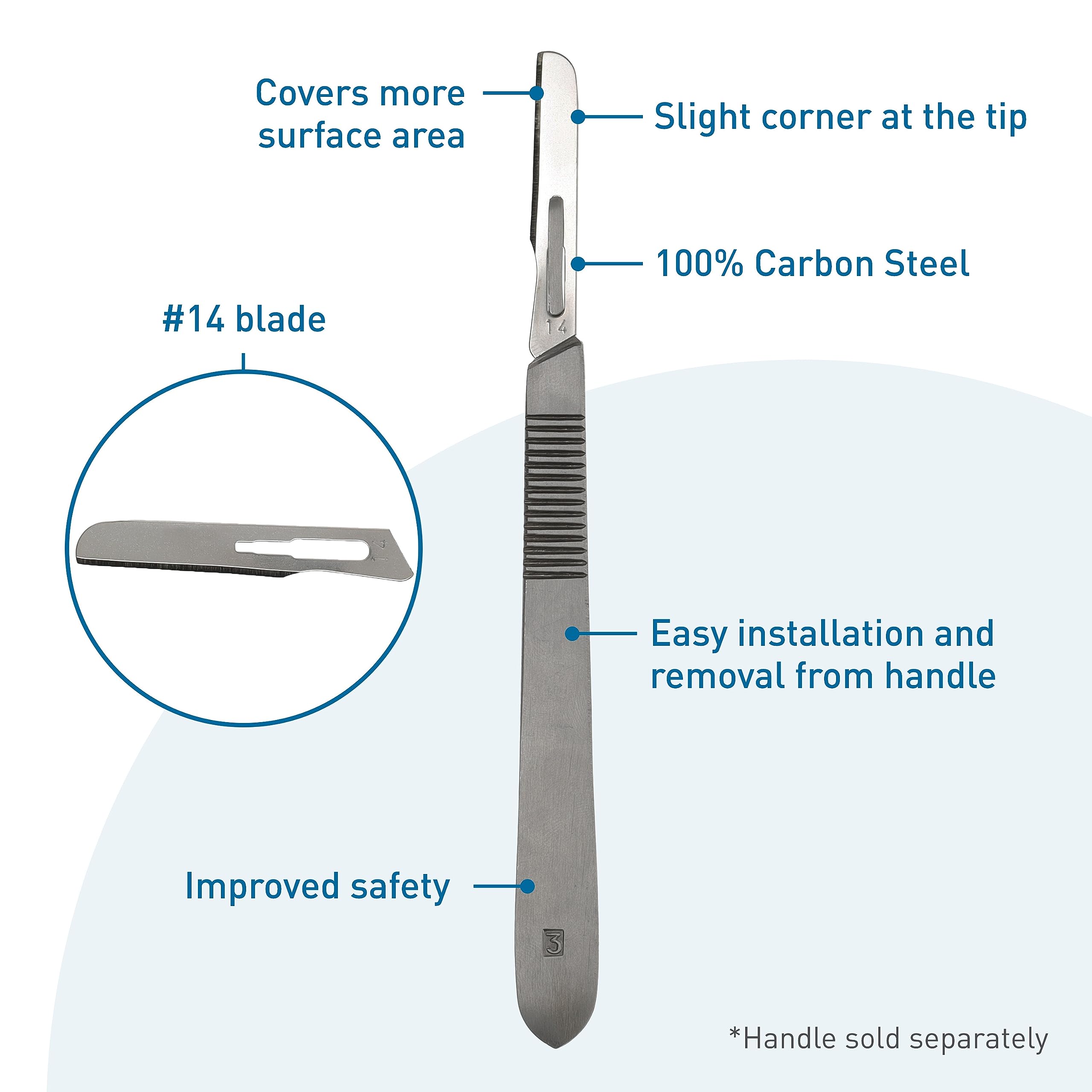 BodyMed Dermaplaning Blades #14 in Carbon Steel, 100 PCS - Disposable, Individually wrapped, Sterile Scalpel Blades for Estheticians, Facial Exfoliation, Hair Removal, Skin Care, Surgical & Podiatry