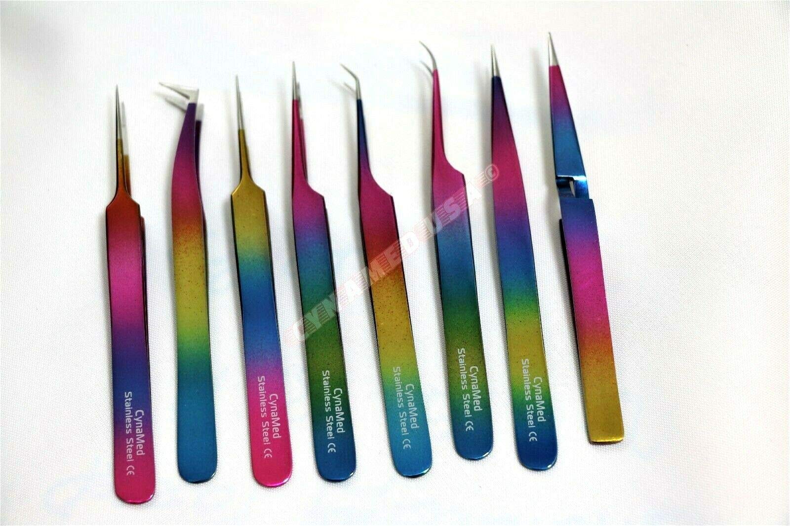Cynamed-Set of 8 Piece German Stainless Steel Titanium Color Eyelash ExtensionTweezers